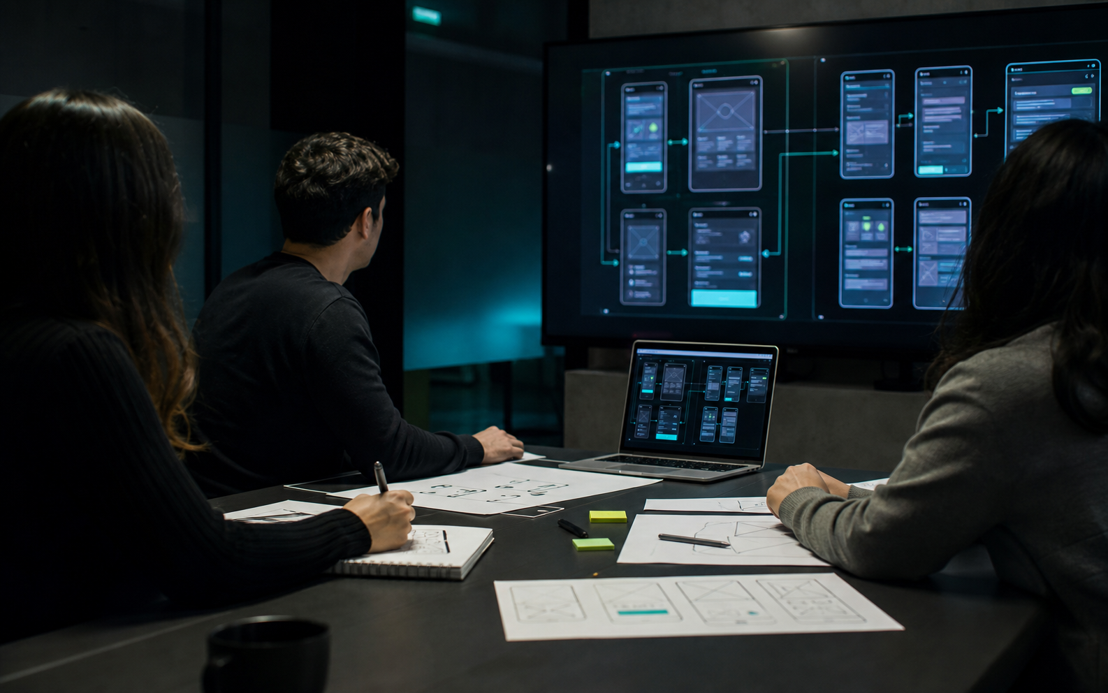 Equipe analisando fluxos e protótipos de um produto digital.