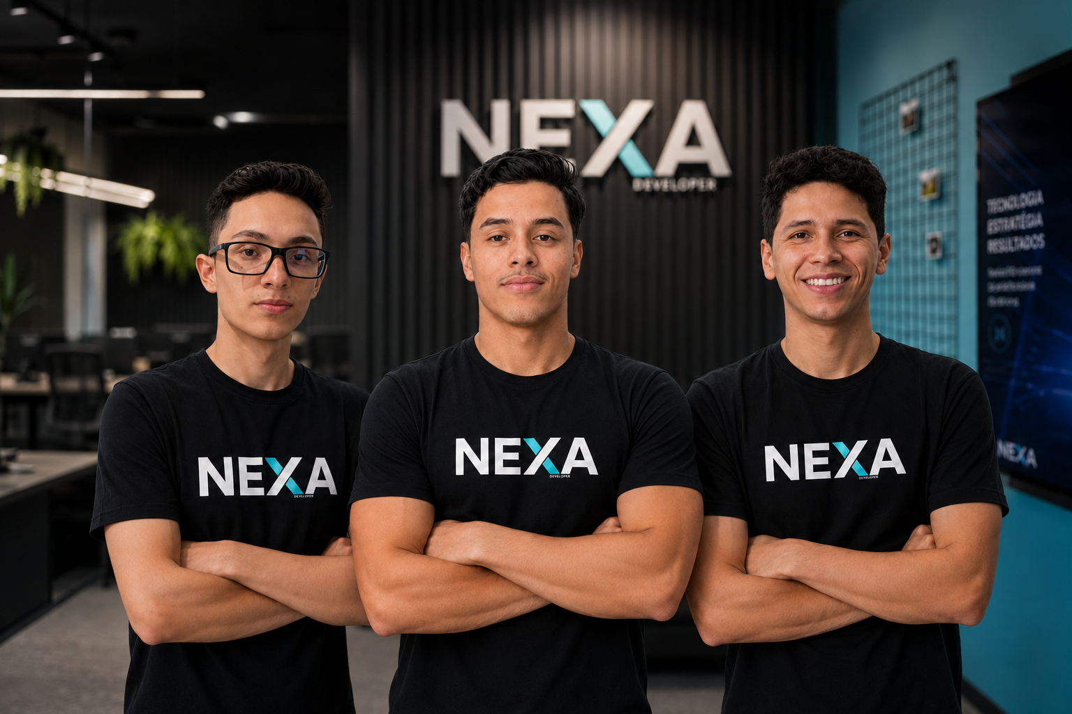 Vitor, Pietro e Alex, equipe fundadora da NEXA Developer.